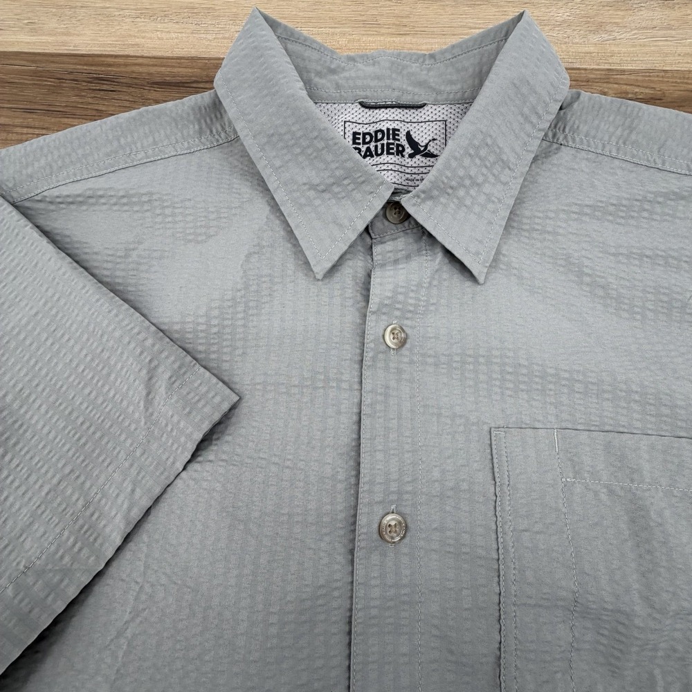 Eddie Bauer Seersucker Shirt Mens Large Solid Gray Button Up Coastal Dadcore